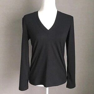Lesley Evers Christie Black V-neck Ribbed Long Sleeve Tee, NWT Size S